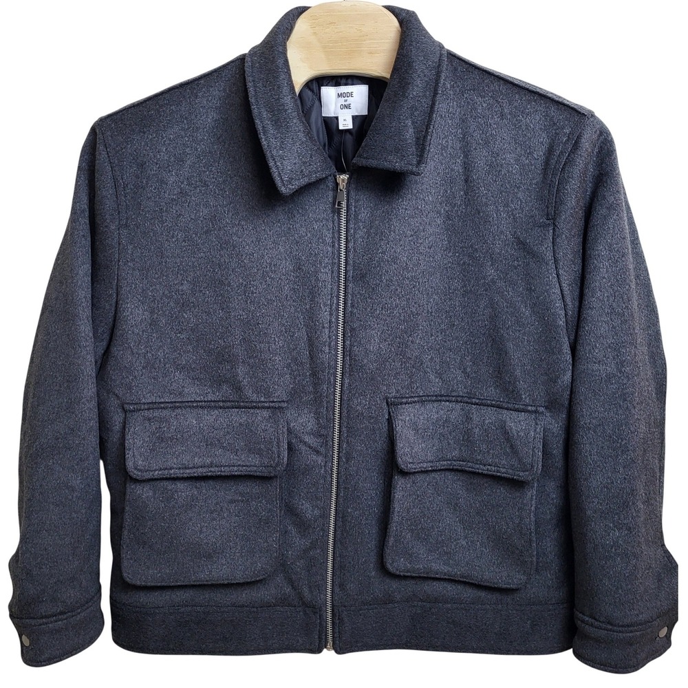 MODE OF ONE Mens XL Heather Gray Wool Blend Bomber‎ Jacket Full Zip Pockets NWT